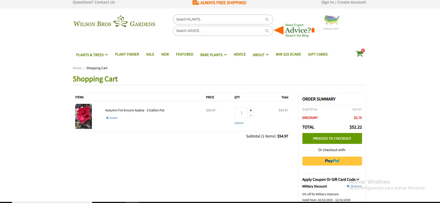 Wilson Bros Gardens promo code screenshot showing code military5 applied at Wilson Bros Gardens checkout page. Uploaded by SimplyCodes community member Jessica_Alvarez on Jan 13, 2026