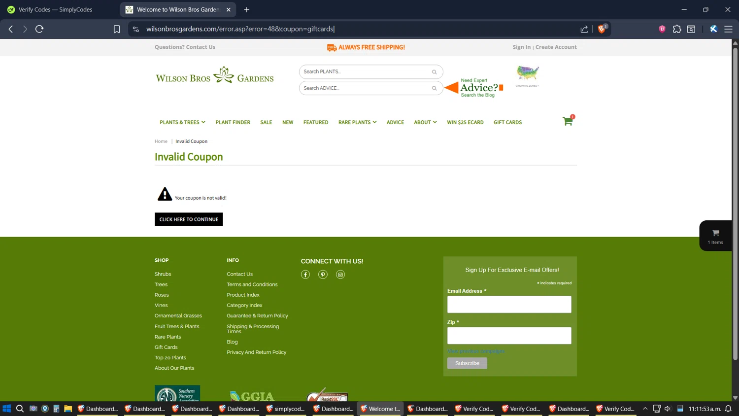 Wilson Bros Gardens promo code screenshot showing code GIFTCARDS applied at Wilson Bros Gardens checkout page. Uploaded by SimplyCodes community member jhordano on Nov 22, 2025