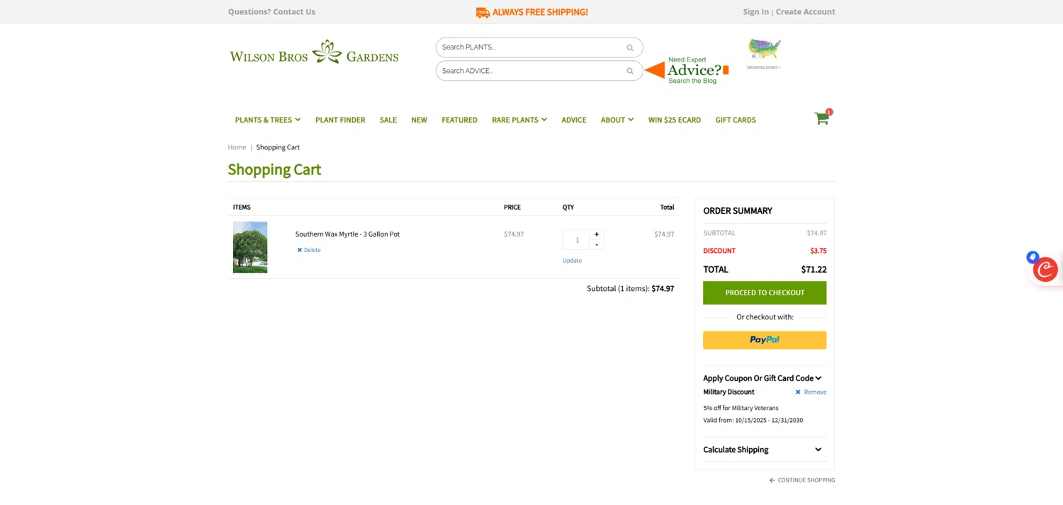 Wilson Bros Gardens promo code screenshot showing code military5 applied at Wilson Bros Gardens checkout page. Uploaded by SimplyCodes community member marielysmorales on Nov 7, 2025