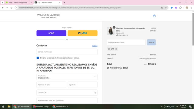Wilsons Leather checkout page showing Wilsons Leather coupon code box | Screenshot taken by SimplyCodes community member on Sep 3, 2025