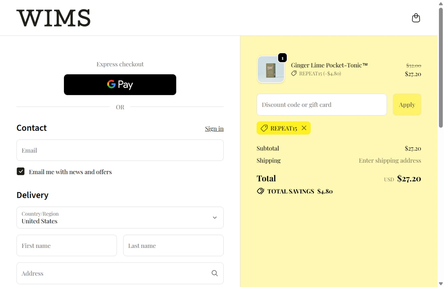 Wims checkout page showing Wims discount code box | Screenshot taken by SimplyCodes community member on Dec 17, 2025