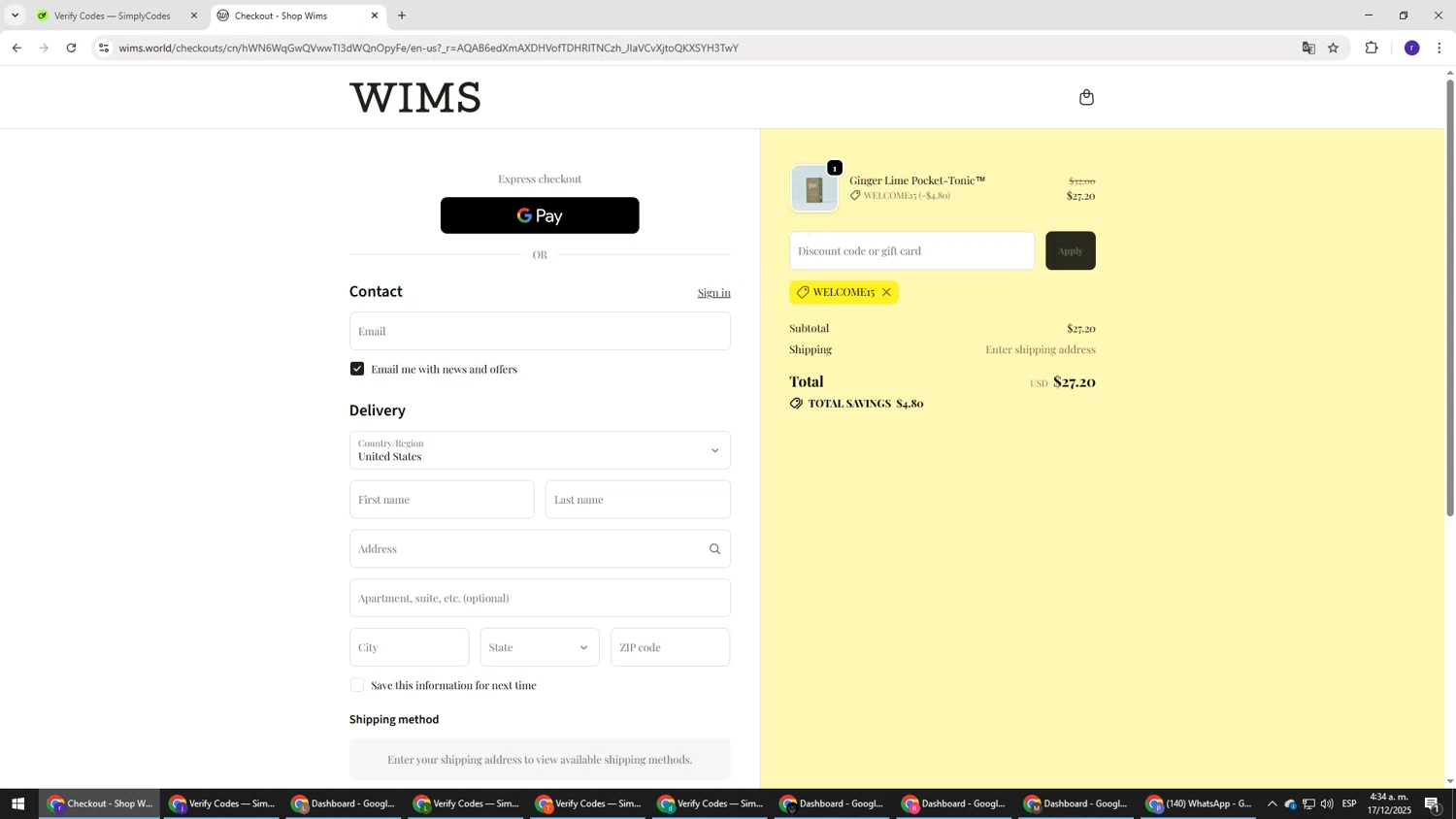Wims checkout page showing Wims discount code box | Screenshot taken by SimplyCodes community member on Dec 17, 2025