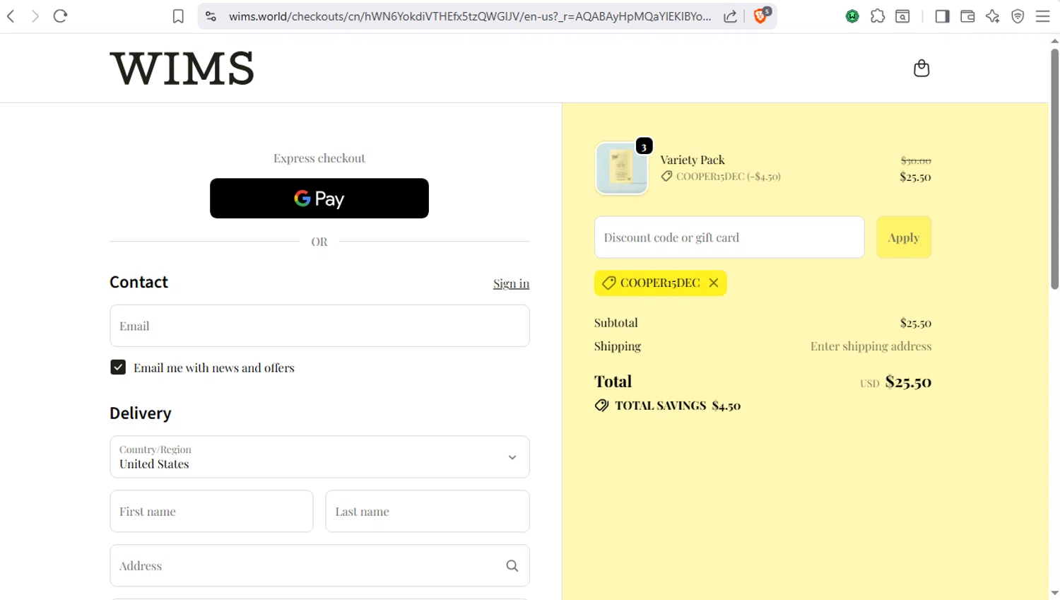 Wims checkout page showing Wims discount code box | Screenshot taken by SimplyCodes community member on Dec 18, 2025