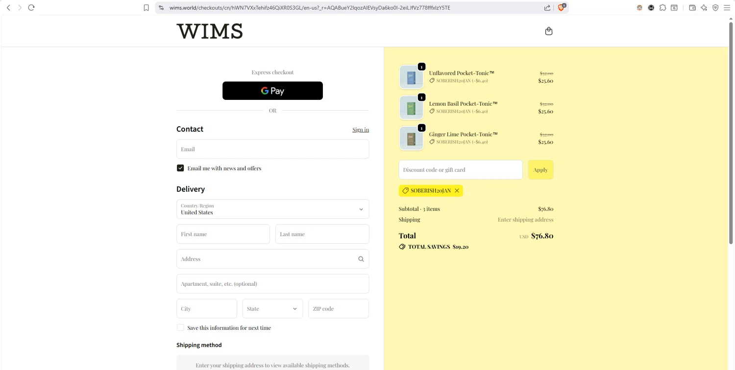 Wims checkout page showing Wims discount code box | Screenshot taken by SimplyCodes community member on Jan 12, 2026