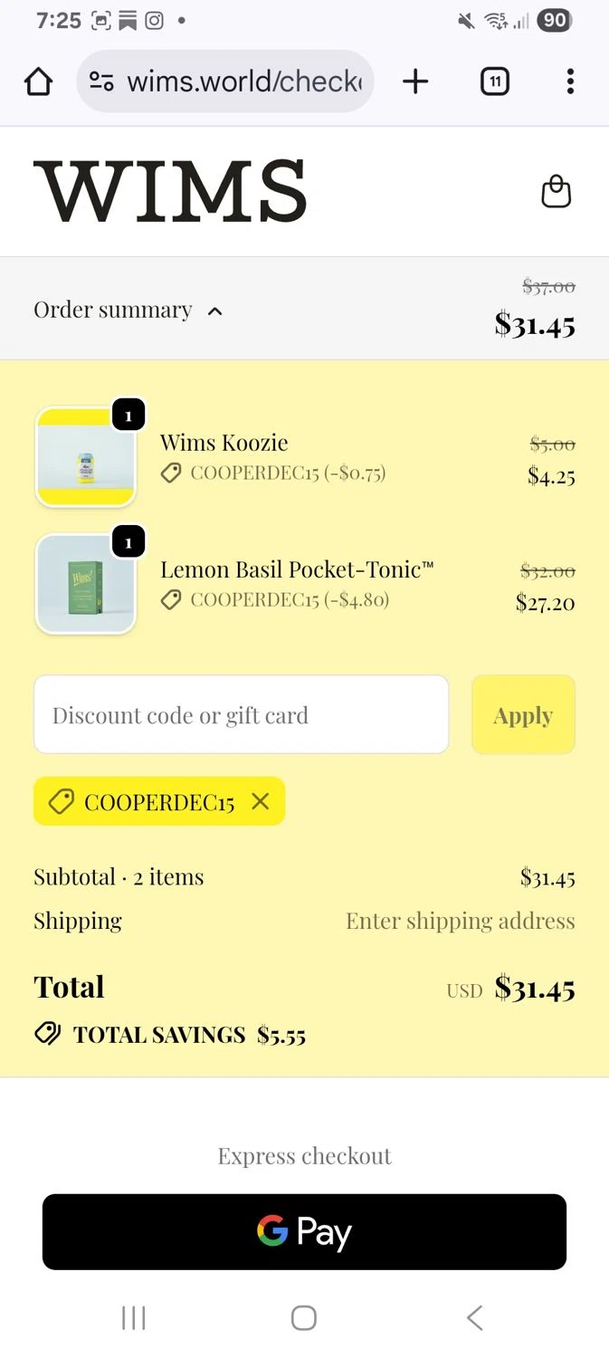 Wims discount code screenshot showing code Cooperdec15 applied at Wims checkout page. Uploaded by SimplyCodes community member KarinaHZ on Dec 23, 2025