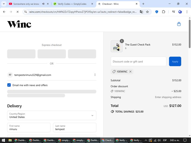 Winc checkout page showing Winc promo code box | Screenshot taken by SimplyCodes community member on Sep 4, 2025