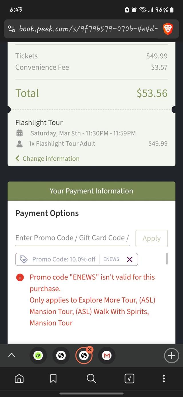 Winchester Mystery House checkout page showing Winchester Mystery House promo code box | Screenshot taken by SimplyCodes community member on Mar 2, 2025