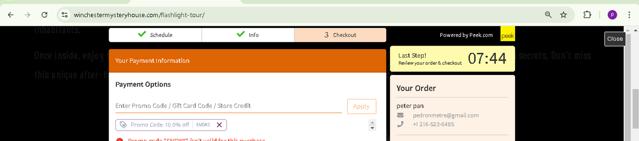 Winchester Mystery House checkout page showing Winchester Mystery House promo code box | Screenshot taken by SimplyCodes community member on Feb 1, 2025