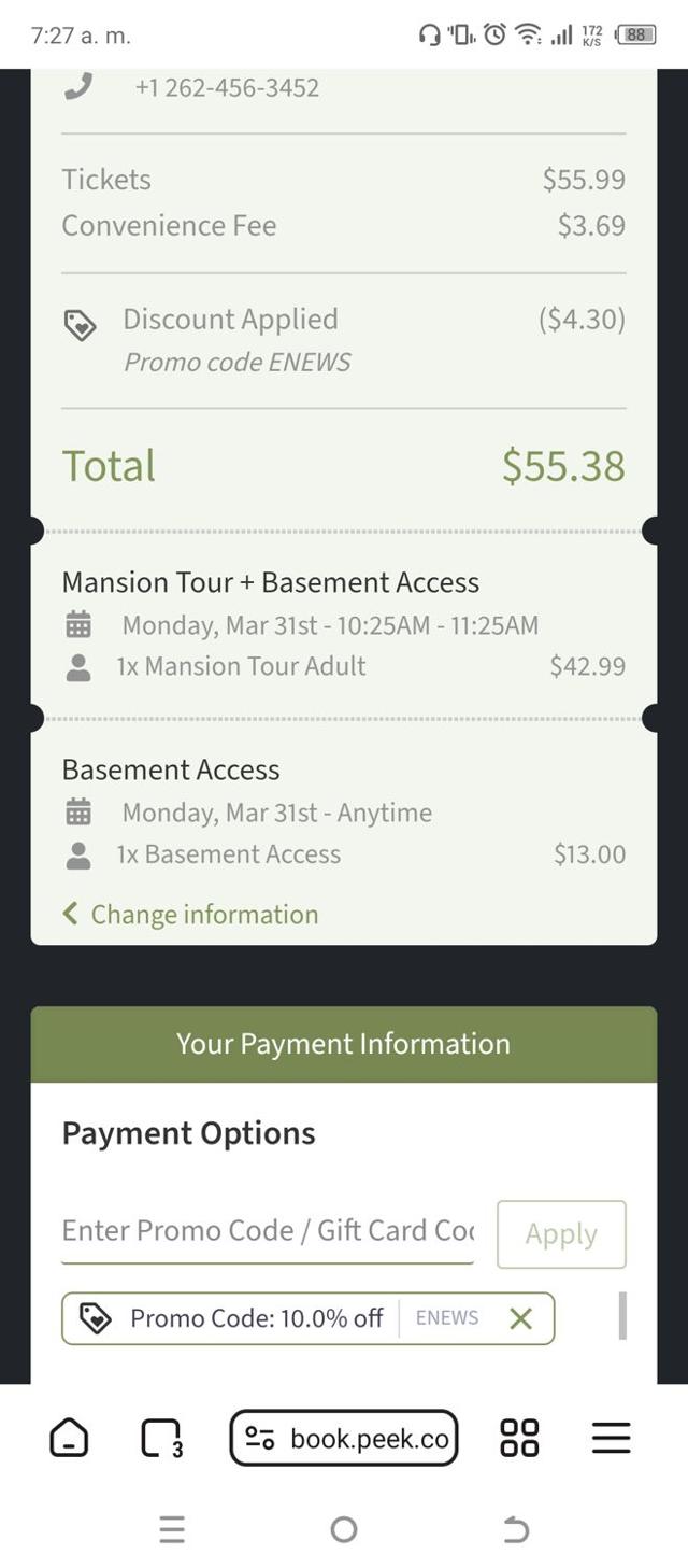 Winchester Mystery House checkout page showing Winchester Mystery House promo code box | Screenshot taken by SimplyCodes community member on Mar 31, 2025
