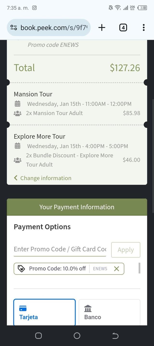 Winchester Mystery House checkout page showing Winchester Mystery House promo code box | Screenshot taken by SimplyCodes community member on Jan 3, 2025