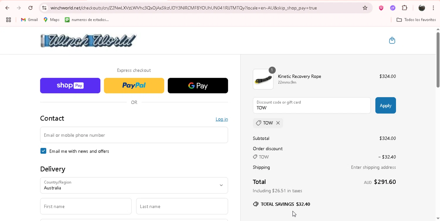 Winchworld promo code screenshot showing code TOW applied at Winchworld checkout page. Uploaded by SimplyCodes community member adrianvasquez1 on Jun 19, 2025