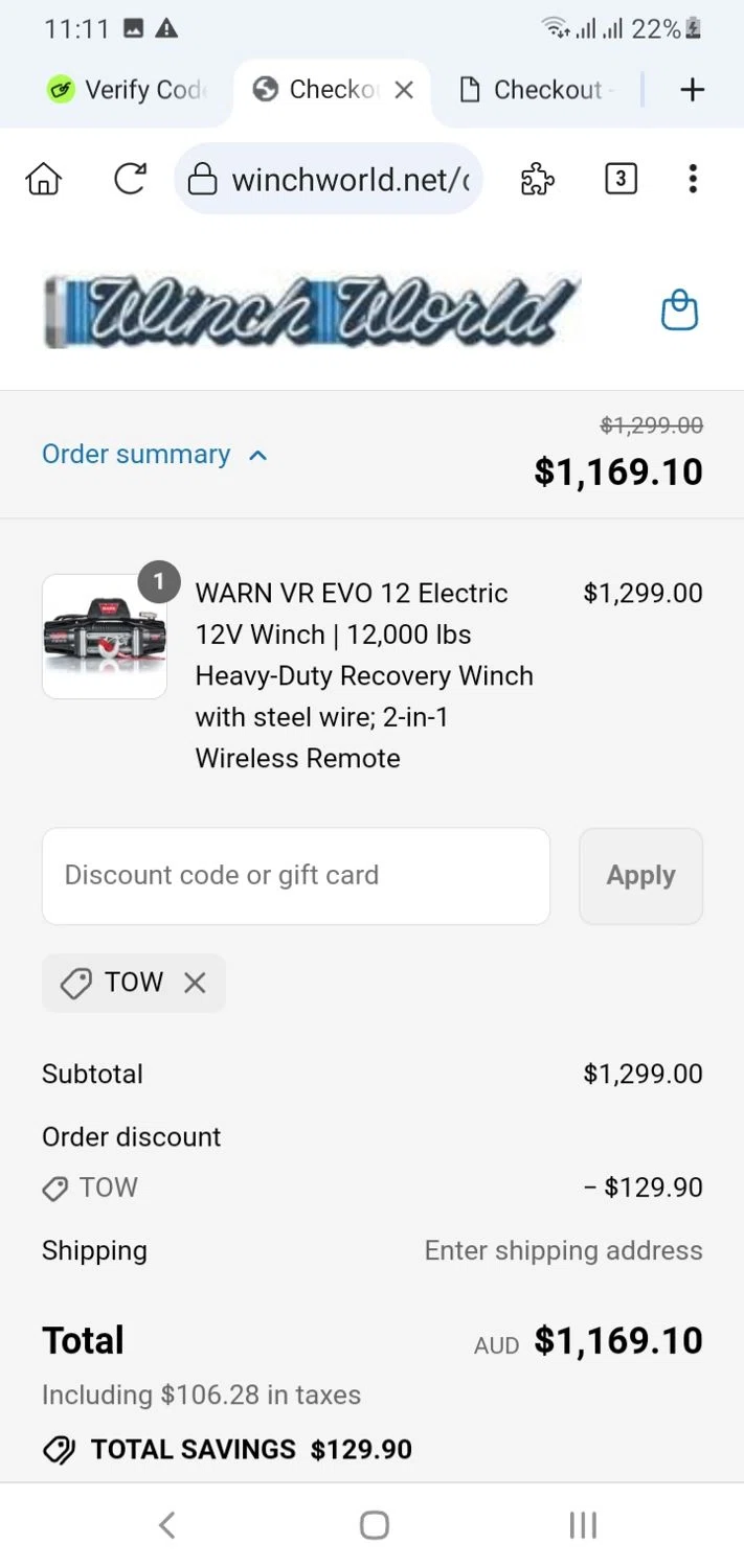 Winchworld promo code screenshot showing code TOW applied at Winchworld checkout page. Uploaded by SimplyCodes community member menotychire on Jul 28, 2025