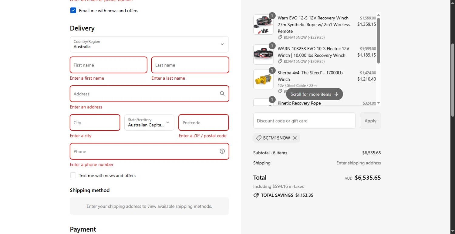 Winchworld promo code screenshot showing code BCFM15NOW applied at Winchworld checkout page. Uploaded by SimplyCodes community member SavvyHawk1474 on Aug 17, 2025