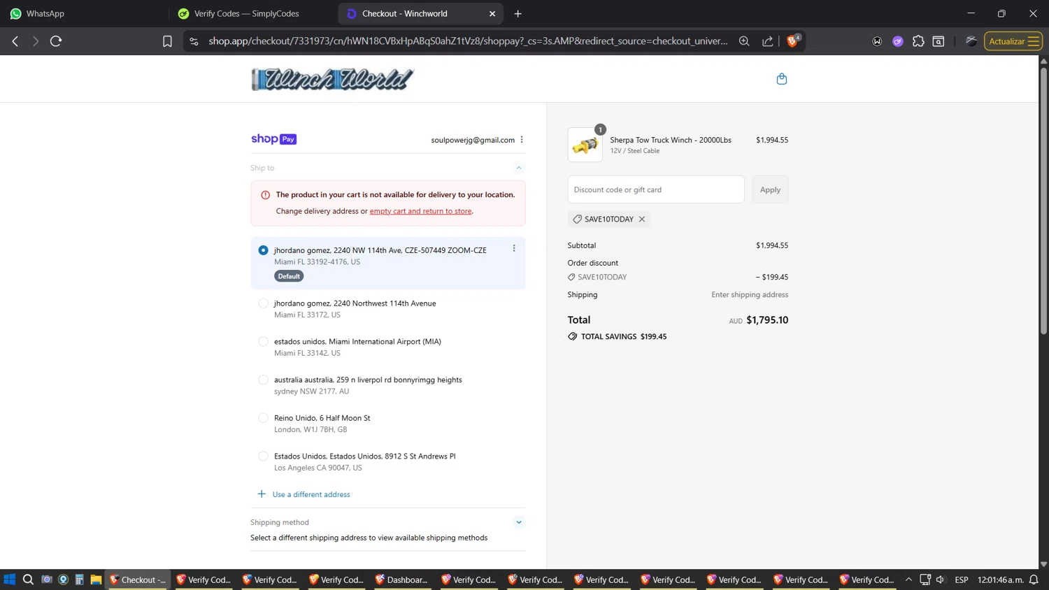 Winchworld promo code screenshot showing code SAVE10TODAY applied at Winchworld checkout page. Uploaded by SimplyCodes community member SimplyGOAT on Jul 28, 2025