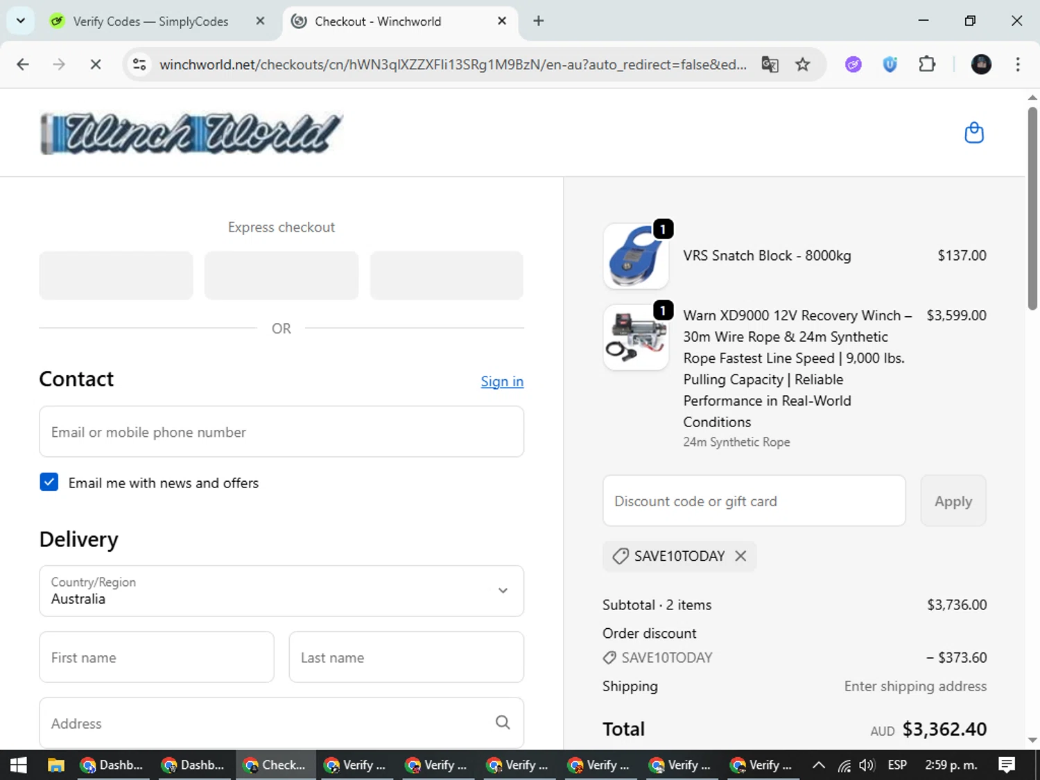 Winchworld promo code screenshot showing code SAVE10TODAY applied at Winchworld checkout page. Uploaded by SimplyCodes community member ValueElite5945 on Oct 7, 2025