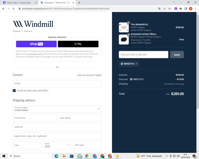 Windmill Air checkout page showing Windmill Air discount code box | Screenshot taken by SimplyCodes community member on Mar 16, 2024