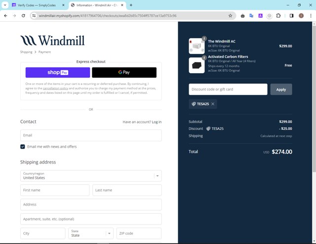 Windmill Air checkout page showing Windmill Air discount code box | Screenshot taken by SimplyCodes community member on Mar 16, 2024