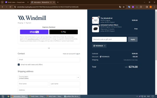 Windmill Air checkout page showing Windmill Air discount code box | Screenshot taken by SimplyCodes community member on Mar 16, 2024