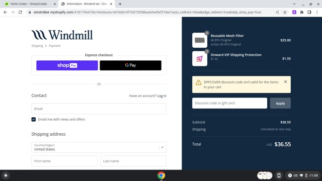 Windmill Air checkout page showing Windmill Air discount code box | Screenshot taken by SimplyCodes community member on May 15, 2024