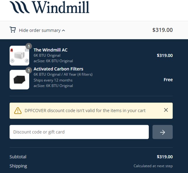 Windmill Air checkout page showing Windmill Air discount code box | Screenshot taken by SimplyCodes community member on Apr 20, 2024