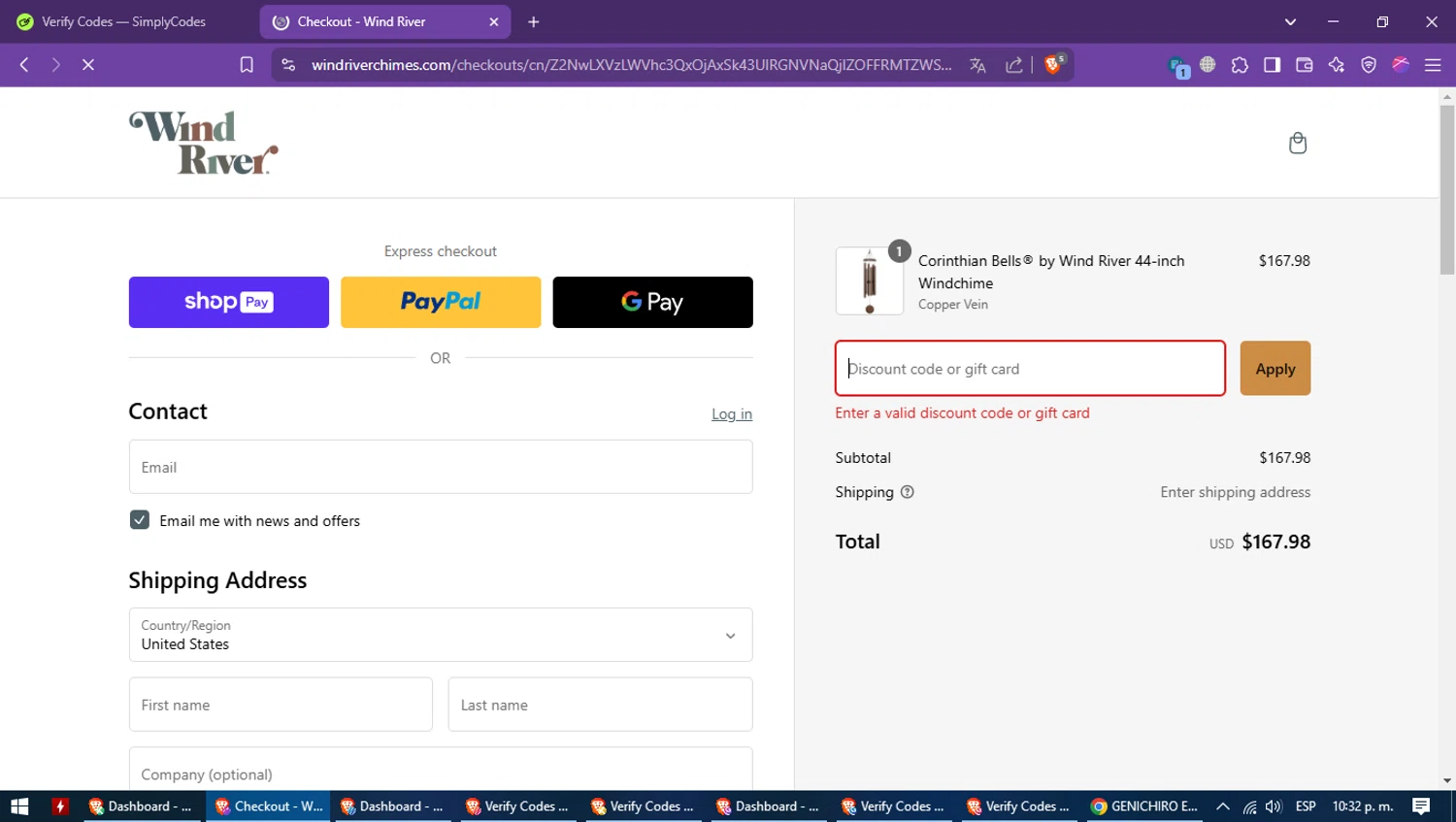 Wind River Chimes discount code screenshot showing code NEW10 applied at Wind River Chimes checkout page. Uploaded by SimplyCodes community member CleverMaverick2546 on Mar 1, 2025