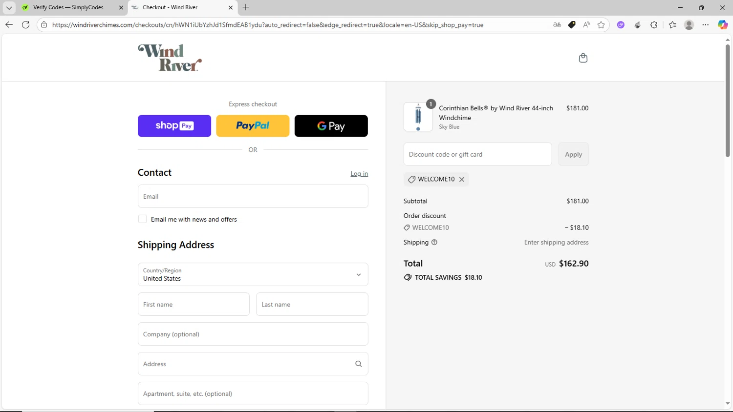 Wind River Chimes discount code screenshot showing code WELCOME10 applied at Wind River Chimes checkout page. Uploaded by SimplyCodes community member CrownShopper2899 on Aug 12, 2025