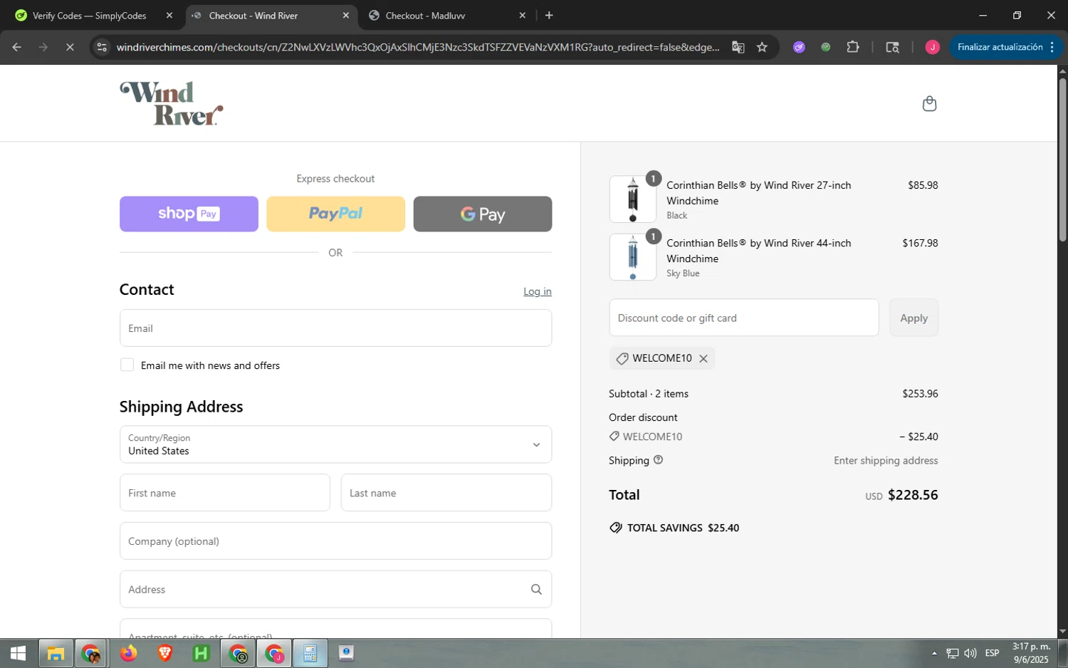 Wind River Chimes discount code screenshot showing code WELCOME10 applied at Wind River Chimes checkout page. Uploaded by SimplyCodes community member WonderAce9334 on Jun 9, 2025