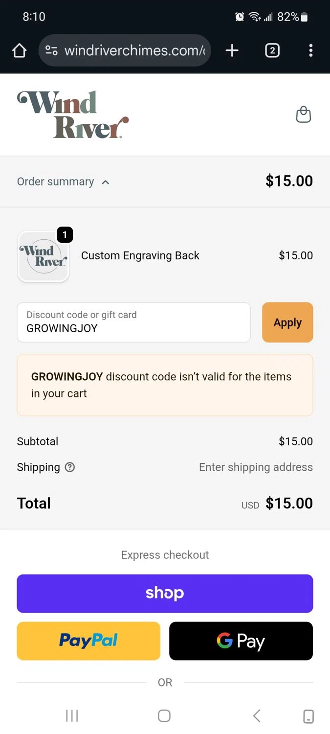 Wind River Chimes discount code screenshot showing code GROWINGJOY applied at Wind River Chimes checkout page. Uploaded by SimplyCodes community member Milaya on Sep 19, 2025