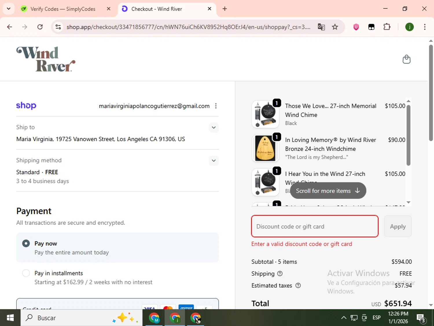 Wind River Chimes discount code screenshot showing code GROWINGJOY applied at Wind River Chimes checkout page. Uploaded by SimplyCodes community member SavingsCollector2592 on Jan 1, 2026