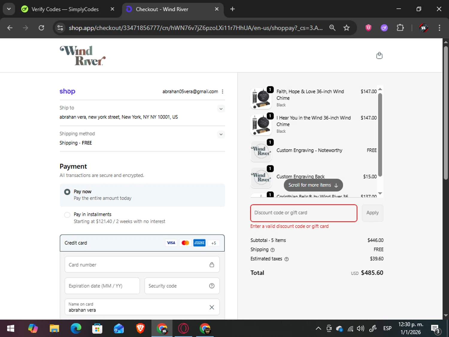 Wind River Chimes discount code screenshot showing code GROWINGJOY applied at Wind River Chimes checkout page. Uploaded by SimplyCodes community member TreasureAdmiral6867 on Jan 1, 2026