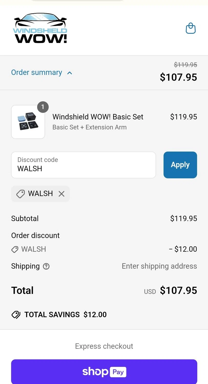 Windshield Wow discount code screenshot showing code WALSH applied at Windshield Wow checkout page. Uploaded by SimplyCodes community member JuanMonge on May 14, 2025