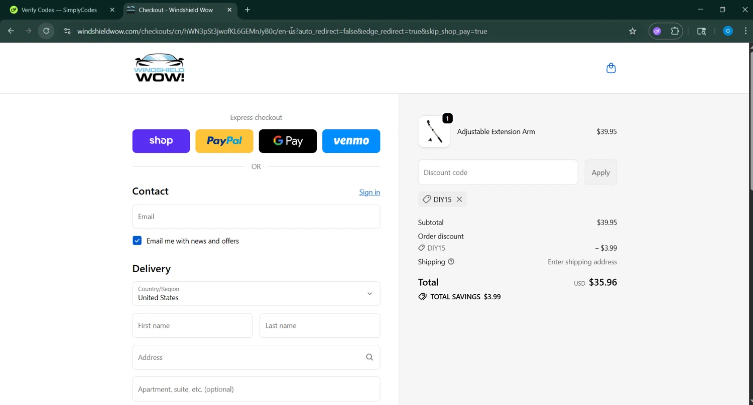 Windshield Wow discount code screenshot showing code DIY15 applied at Windshield Wow checkout page. Uploaded by SimplyCodes community member RoyalSage9159 on Oct 7, 2025