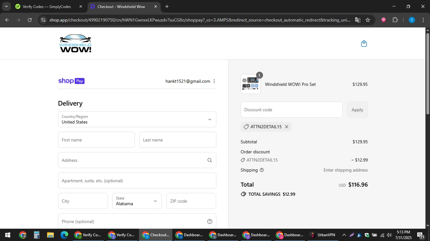 Windshield Wow discount code screenshot showing code ATTN2DETAIL15 applied at Windshield Wow checkout page. Uploaded by SimplyCodes community member hankt1521 on Jul 31, 2025