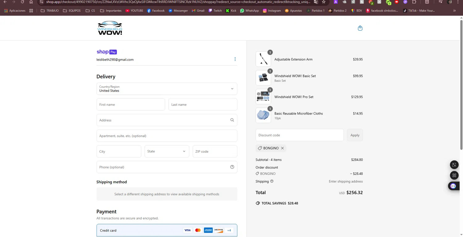 Windshield Wow discount code screenshot showing code BONGINO applied at Windshield Wow checkout page. Uploaded by SimplyCodes community member kelvinsuarez88 on Mar 29, 2025