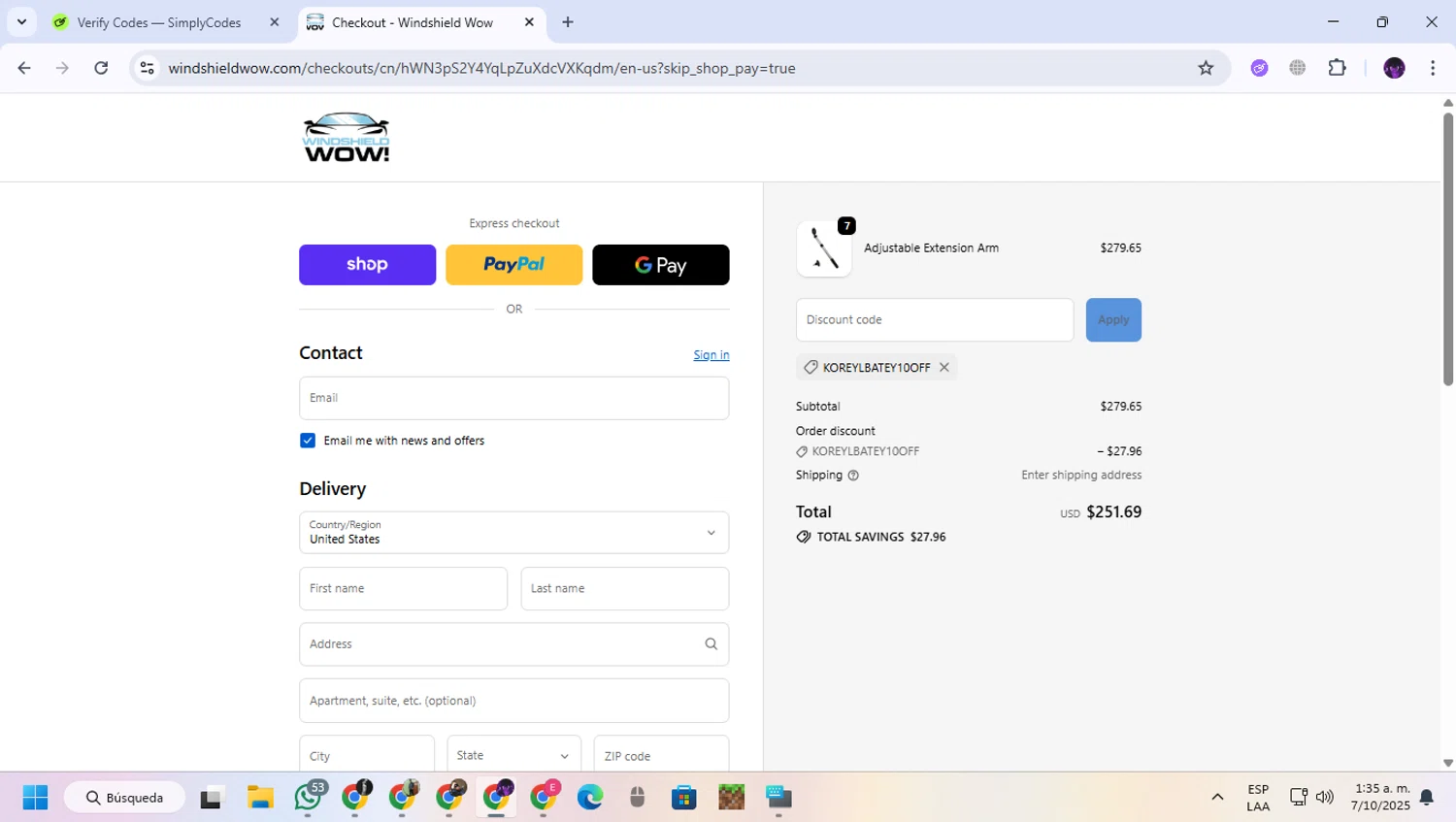 Windshield Wow discount code screenshot showing code KOREYLBATEY10off applied at Windshield Wow checkout page. Uploaded by SimplyCodes community member GloriousGuardian9063 on Oct 7, 2025