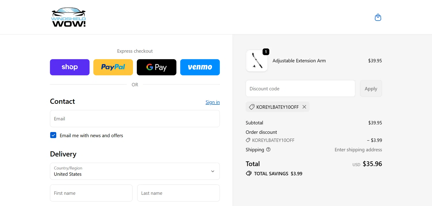 Windshield Wow discount code screenshot showing code KOREYLBATEY10off applied at Windshield Wow checkout page. Uploaded by SimplyCodes community member Dorothy on Oct 6, 2025