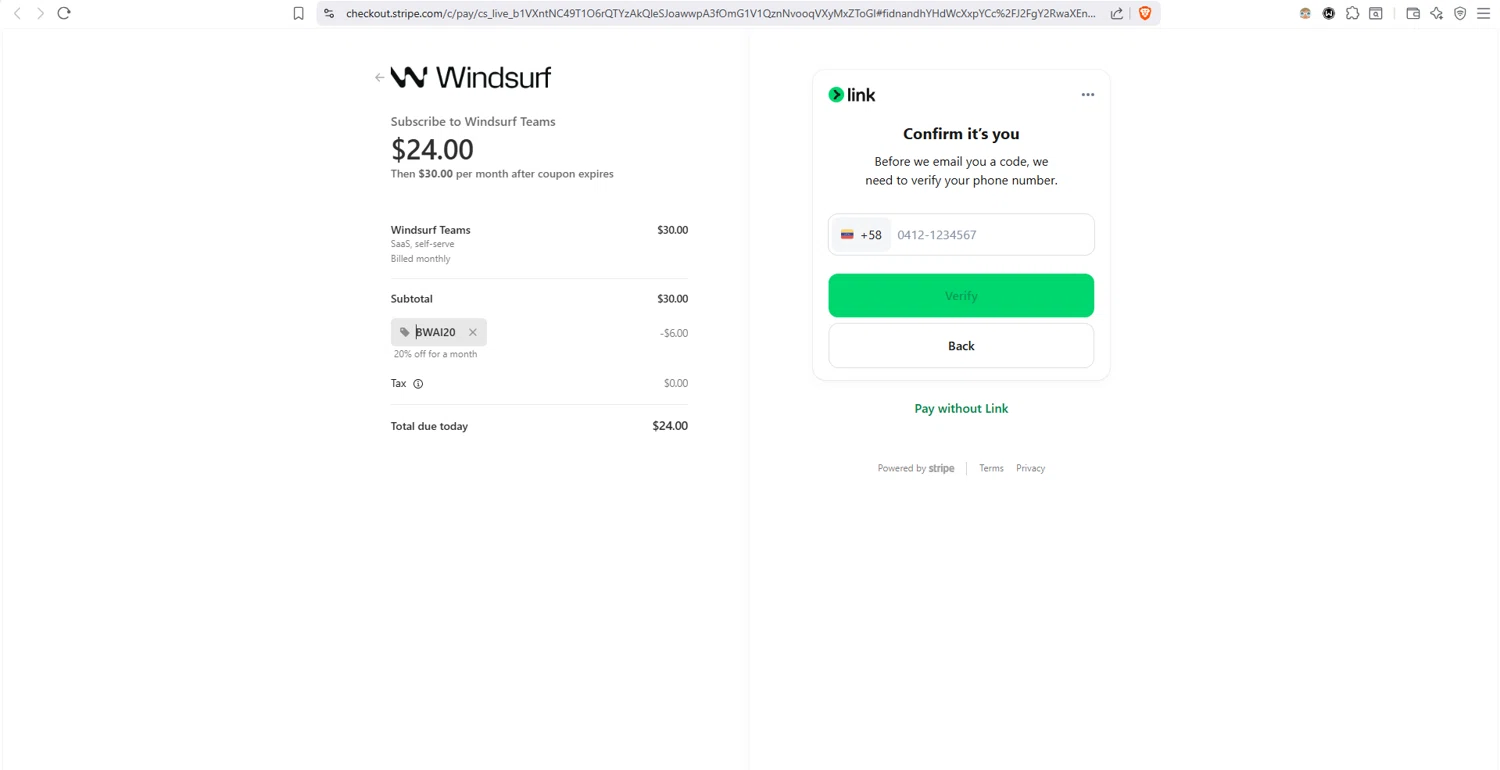 Windsurf checkout page showing Windsurf promo code box | Screenshot taken by SimplyCodes community member on Jan 4, 2026