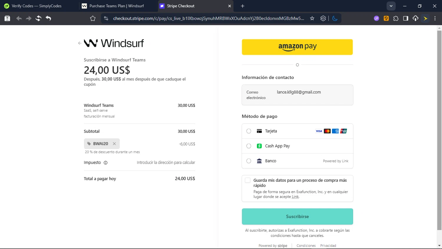 Windsurf promo code screenshot showing code BWAI20 applied at Windsurf checkout page. Uploaded by SimplyCodes community member userrandon on Jan 18, 2026