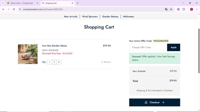 Wind & Weather checkout page showing Wind & Weather promo code box | Screenshot taken by SimplyCodes community member on Aug 28, 2025
