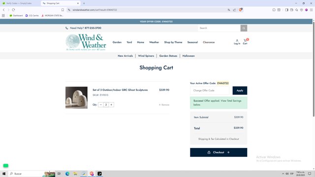 Wind & Weather checkout page showing Wind & Weather promo code box | Screenshot taken by SimplyCodes community member on Aug 20, 2025