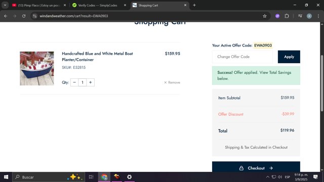 Wind & Weather checkout page showing Wind & Weather promo code box | Screenshot taken by SimplyCodes community member on Sep 4, 2025