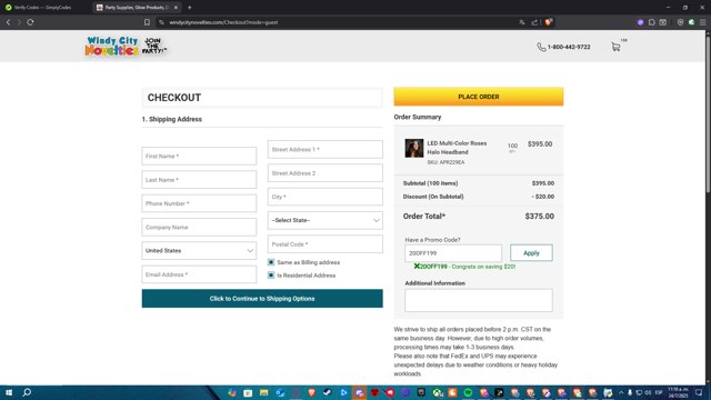 Windy City Novelties checkout page showing Windy City Novelties promo code box | Screenshot taken by SimplyCodes community member on Jul 24, 2025