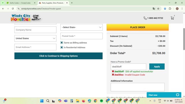 Windy City Novelties checkout page showing Windy City Novelties promo code box | Screenshot taken by SimplyCodes community member on Jul 18, 2025