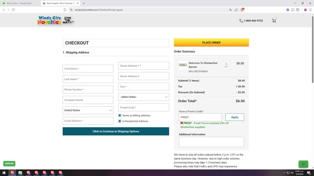 Windy City Novelties checkout page showing Windy City Novelties promo code box | Screenshot taken by SimplyCodes community member on Sep 5, 2025