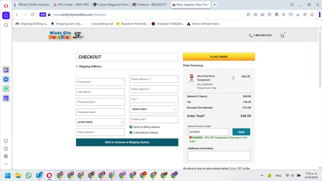 Windy City Novelties checkout page showing Windy City Novelties promo code box | Screenshot taken by SimplyCodes community member on Aug 15, 2025
