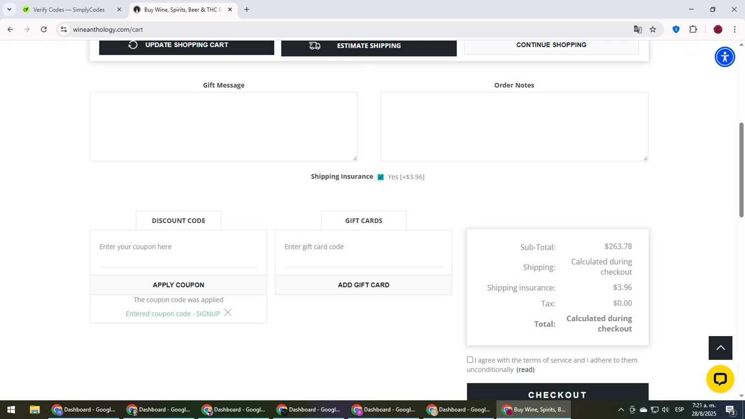 Wine Anthology coupon code screenshot showing code SIGNUP applied at Wine Anthology checkout page. Uploaded by SimplyCodes community member MightyLegend6657 on Aug 28, 2025