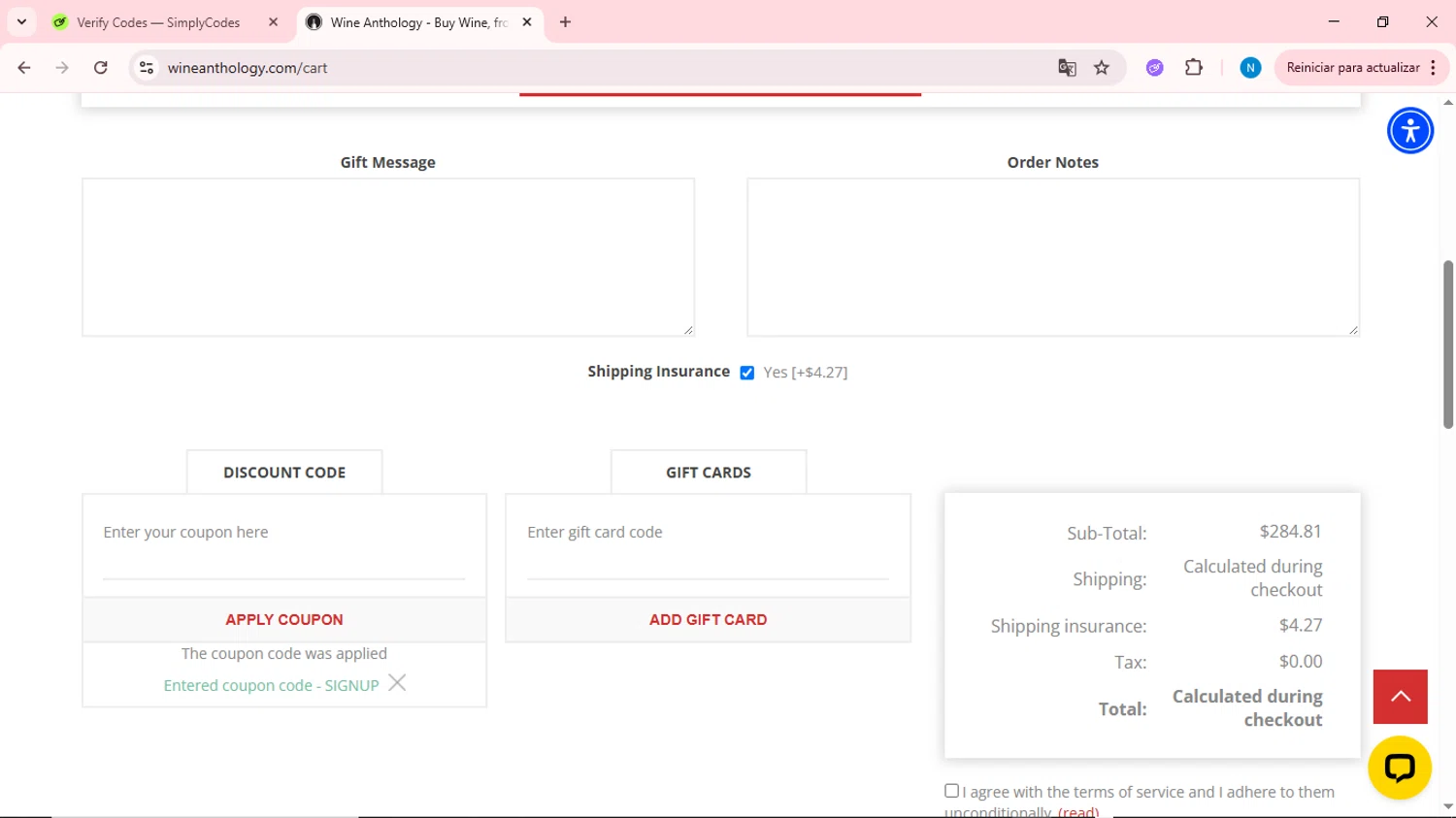 Wine Anthology coupon code screenshot showing code SIGNUP applied at Wine Anthology checkout page. Uploaded by SimplyCodes community member QuestOwl6398 on Jun 15, 2025