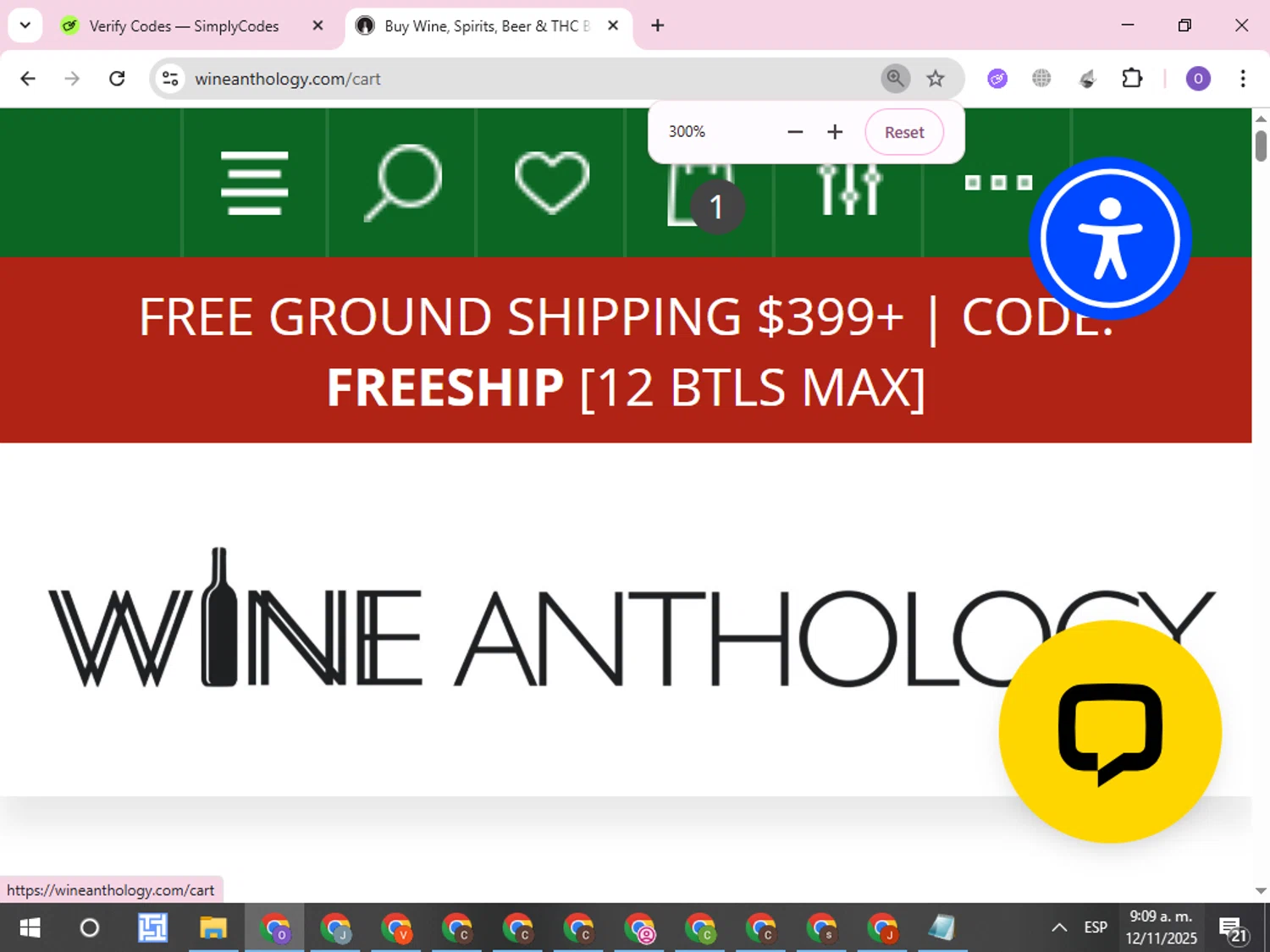 Wine Anthology coupon code screenshot showing code FREESHIP applied at Wine Anthology checkout page. Uploaded by SimplyCodes community member CleverLynx8245 on Nov 12, 2025