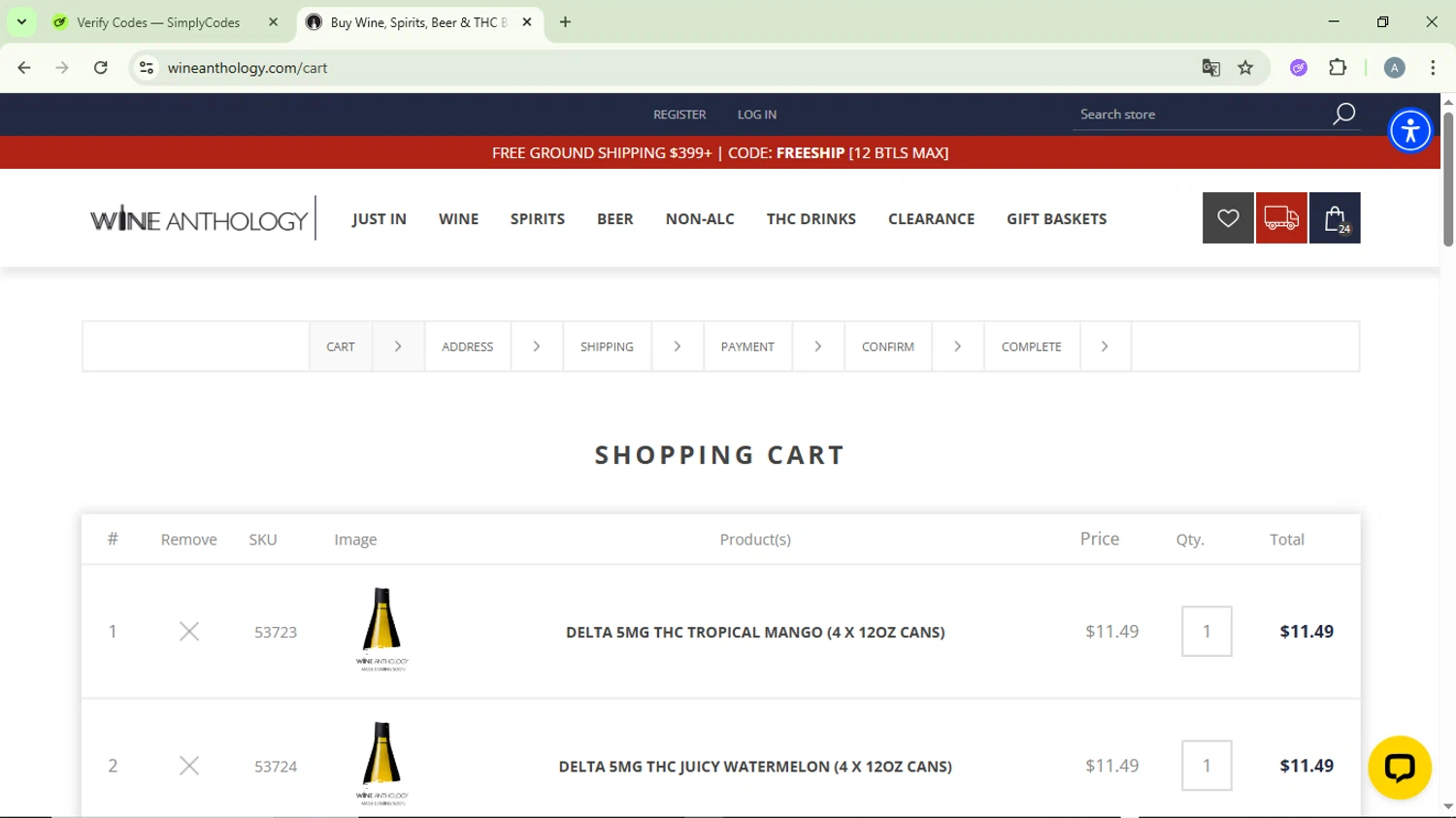 Wine Anthology coupon code screenshot showing code FREESHIP applied at Wine Anthology checkout page. Uploaded by SimplyCodes community member DiscountVirtuoso6243 on Jan 29, 2026