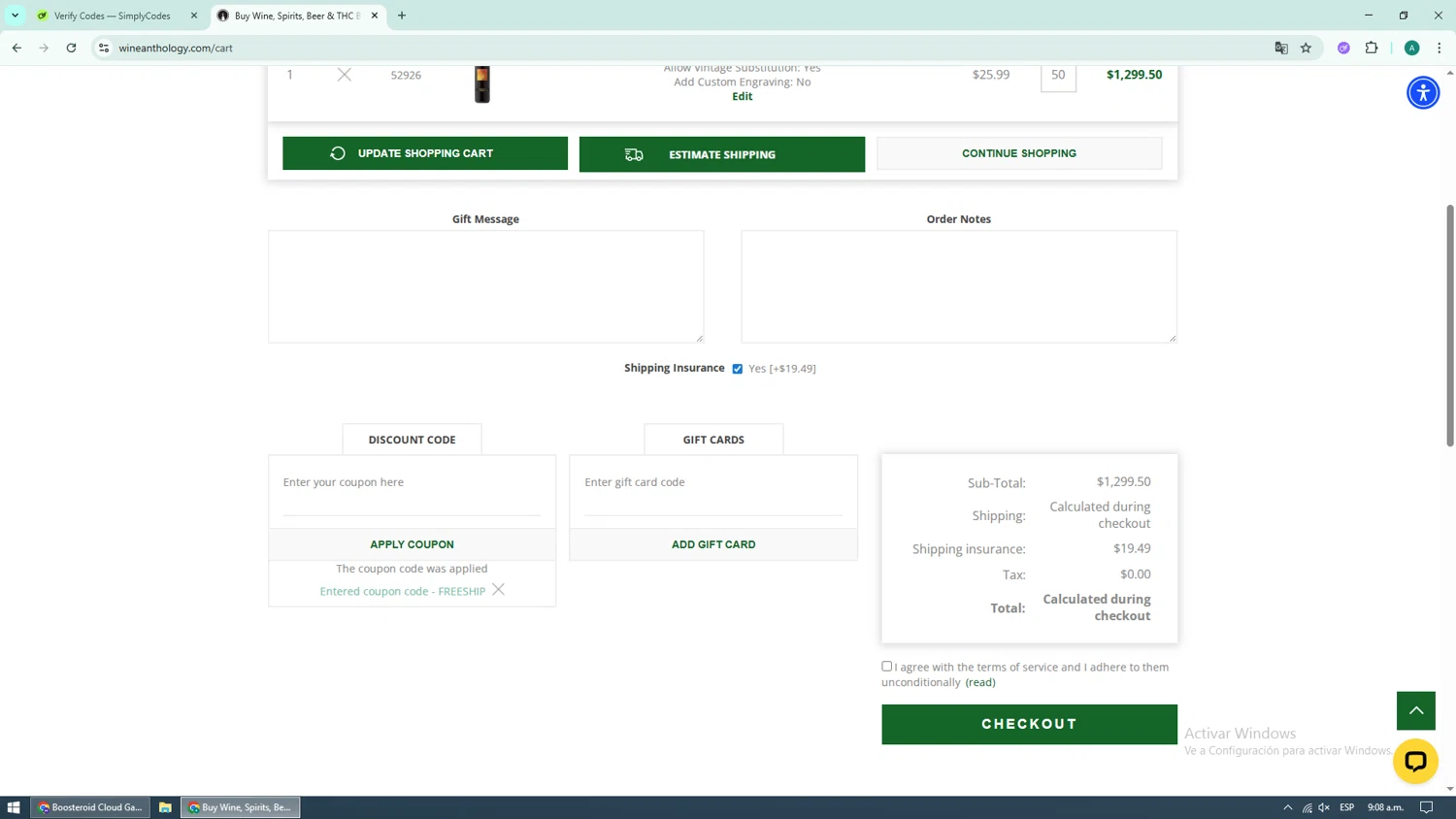 Wine Anthology coupon code screenshot showing code FREESHIP applied at Wine Anthology checkout page. Uploaded by SimplyCodes community member brianoconner on Nov 12, 2025